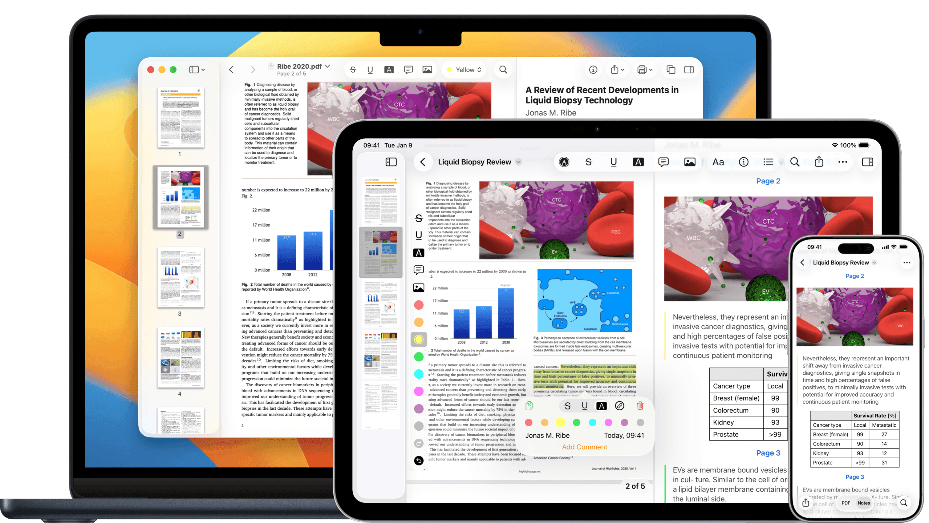 An iPhone in front of an iPad Pro in front of a Macbook Pro running Highlights