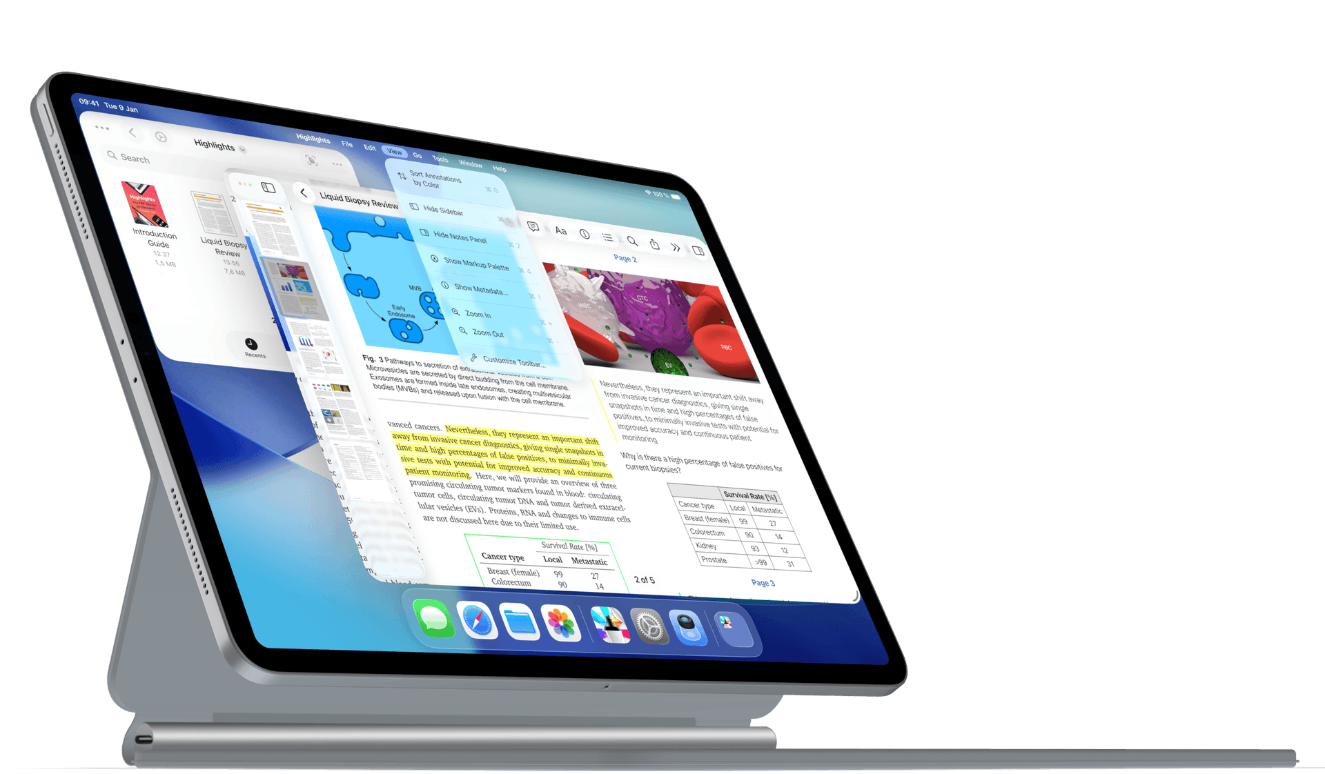 An iPad Pro showing Highlights with a PDF and notes open side-by-side